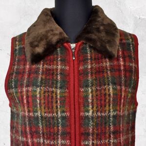 Catherine Stewart Plaid Wool Vest Zip Front Detachable Fur Collar-Women's Size S